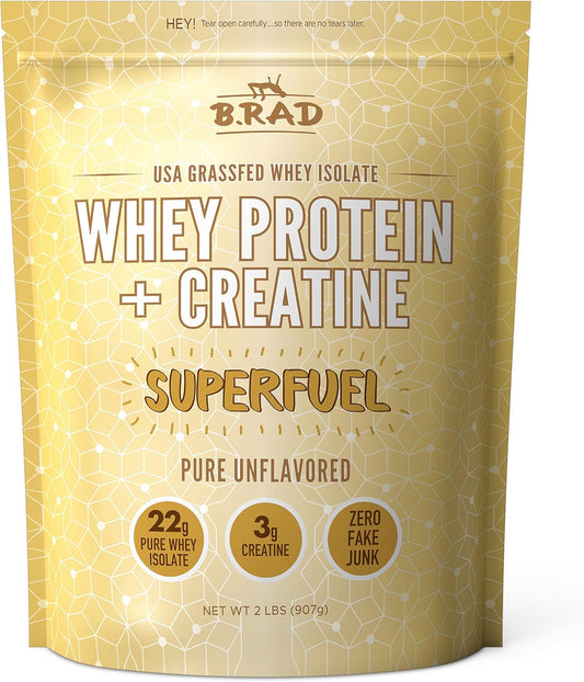 2lb Grass Fed Whey Protein Isolate Powder with Creatine - All-Natural Superfuel - USA Sourced - Unflavored