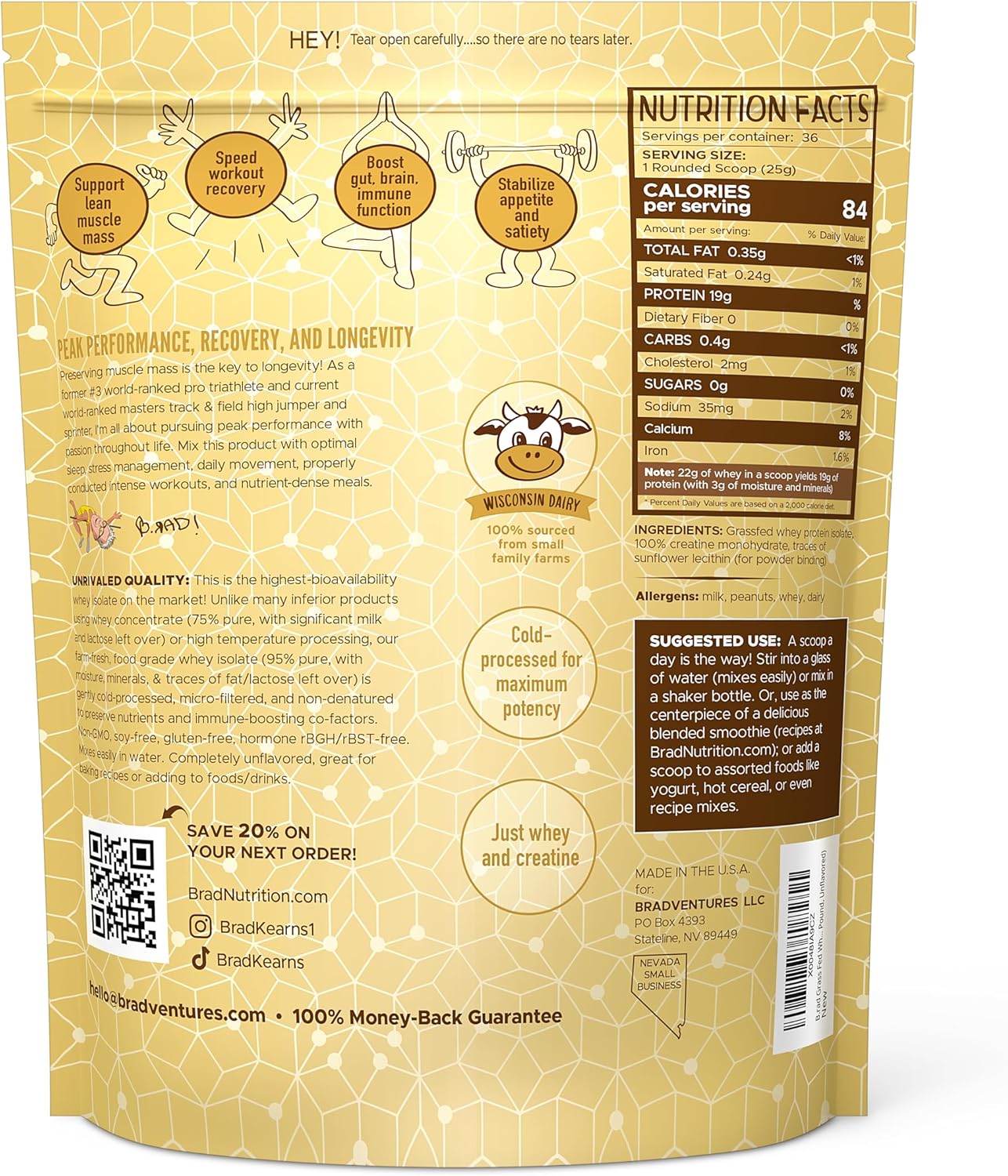 2lb Grass Fed Whey Protein Isolate Powder with Creatine - All-Natural Superfuel - USA Sourced - Unflavored
