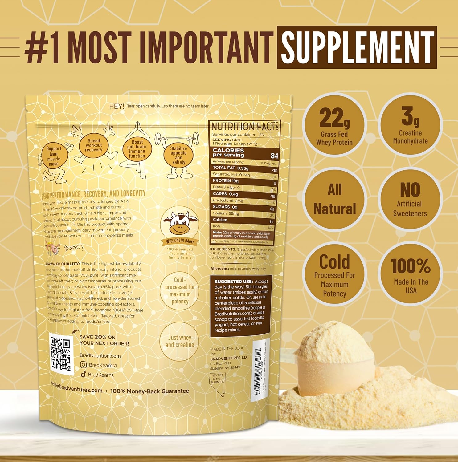2lb Grass Fed Whey Protein Isolate Powder with Creatine - All-Natural Superfuel - USA Sourced - Unflavored