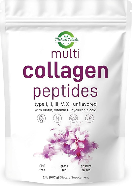 2lb Maheerselects Multi Collagen Protein Powder with Biotin, Hyaluronic Acid, Vitamin C - Unflavored Peptides for Skin, Hair, Joints - Types I, II, III, V, X