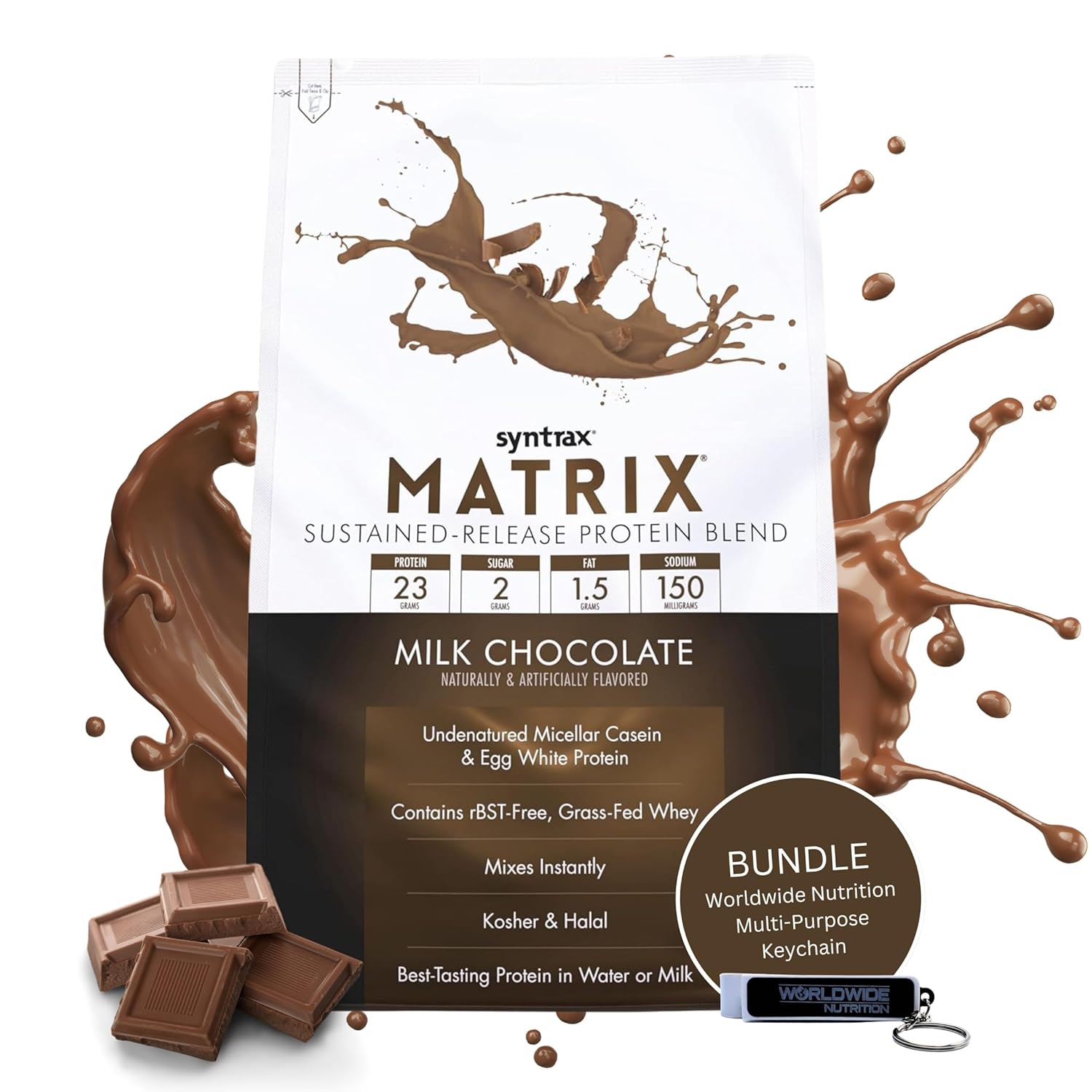 2lb Syntrax Matrix Milk Chocolate Whey Casein Blend Protein Powder Bundle - Instant Mix High Protein Powder with Kosher & Halal Certification + Worldwide Nutrition Keychain