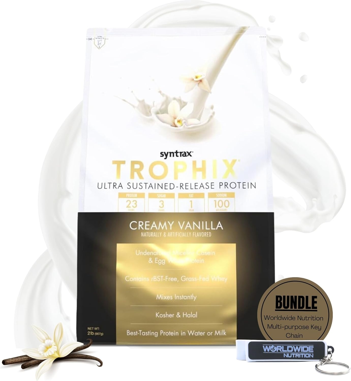 2lb Vanilla Trophix Casein Protein Bundle with Whey & Egg White Protein - High Protein Instant Mix Powder + Nutrition Keychain