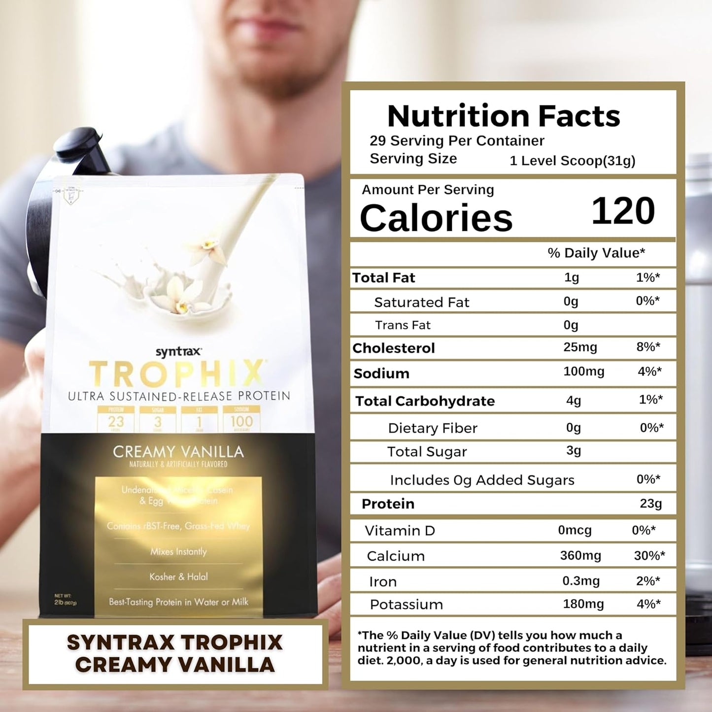 2lb Vanilla Trophix Casein Protein Bundle with Whey & Egg White Protein - High Protein Instant Mix Powder + Nutrition Keychain