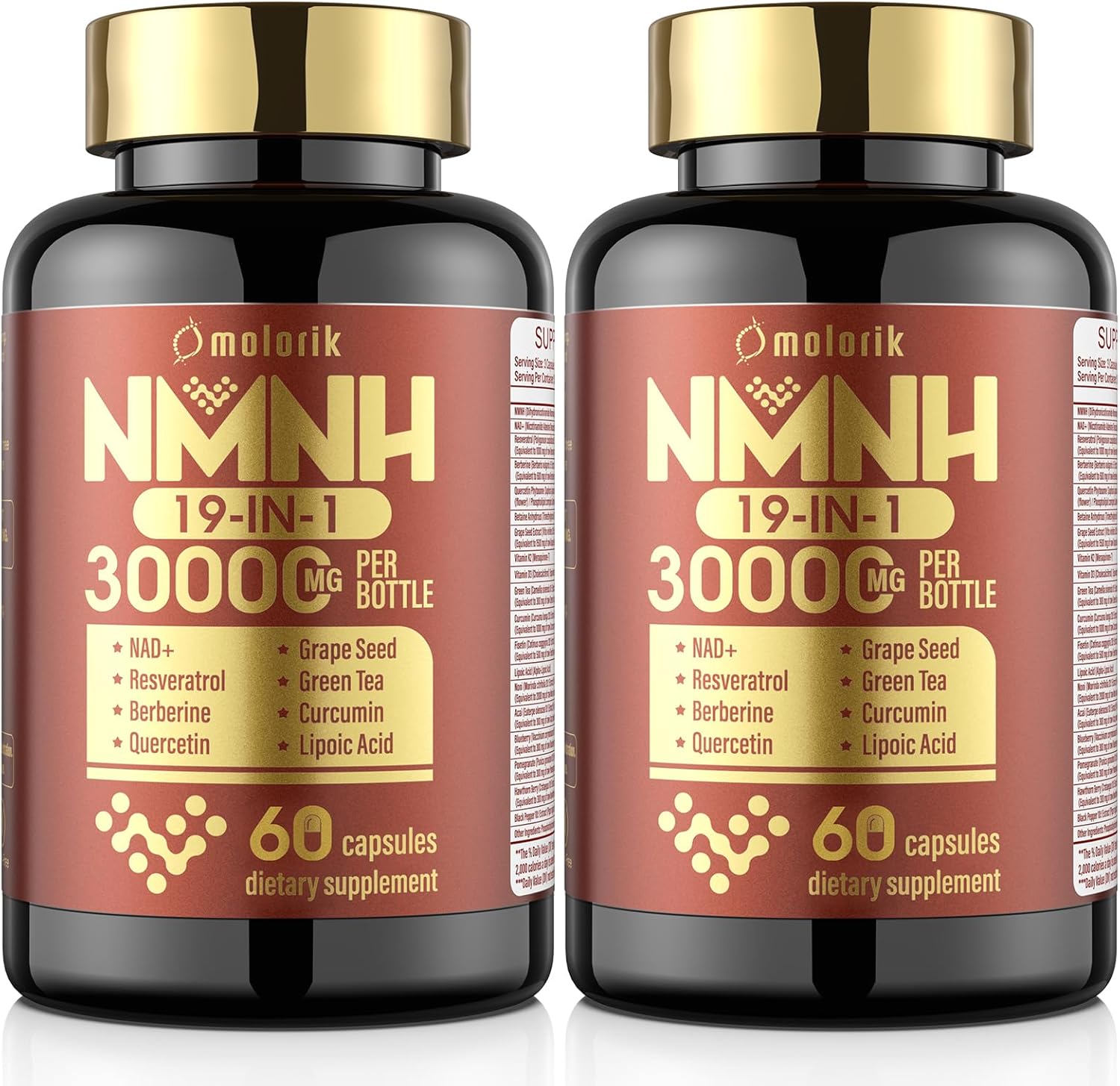 2PACK Molorik NAD+ Resveratrol Supplement 1000mg - Boost Energy & Focus - Anti Aging with Quercetin & Berberine - 19-in-1 NMNH Formula