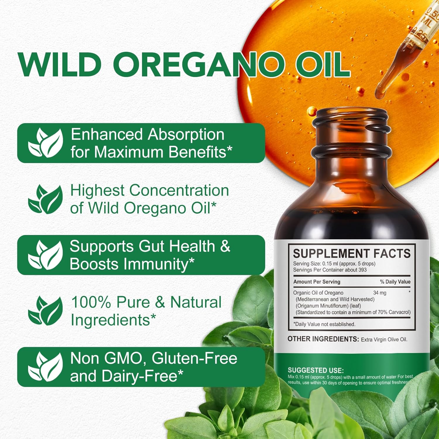2PCS Wild Oregano Oil Liquid Drops for Immune and Digestive Health - Non-GMO and Gluten Free