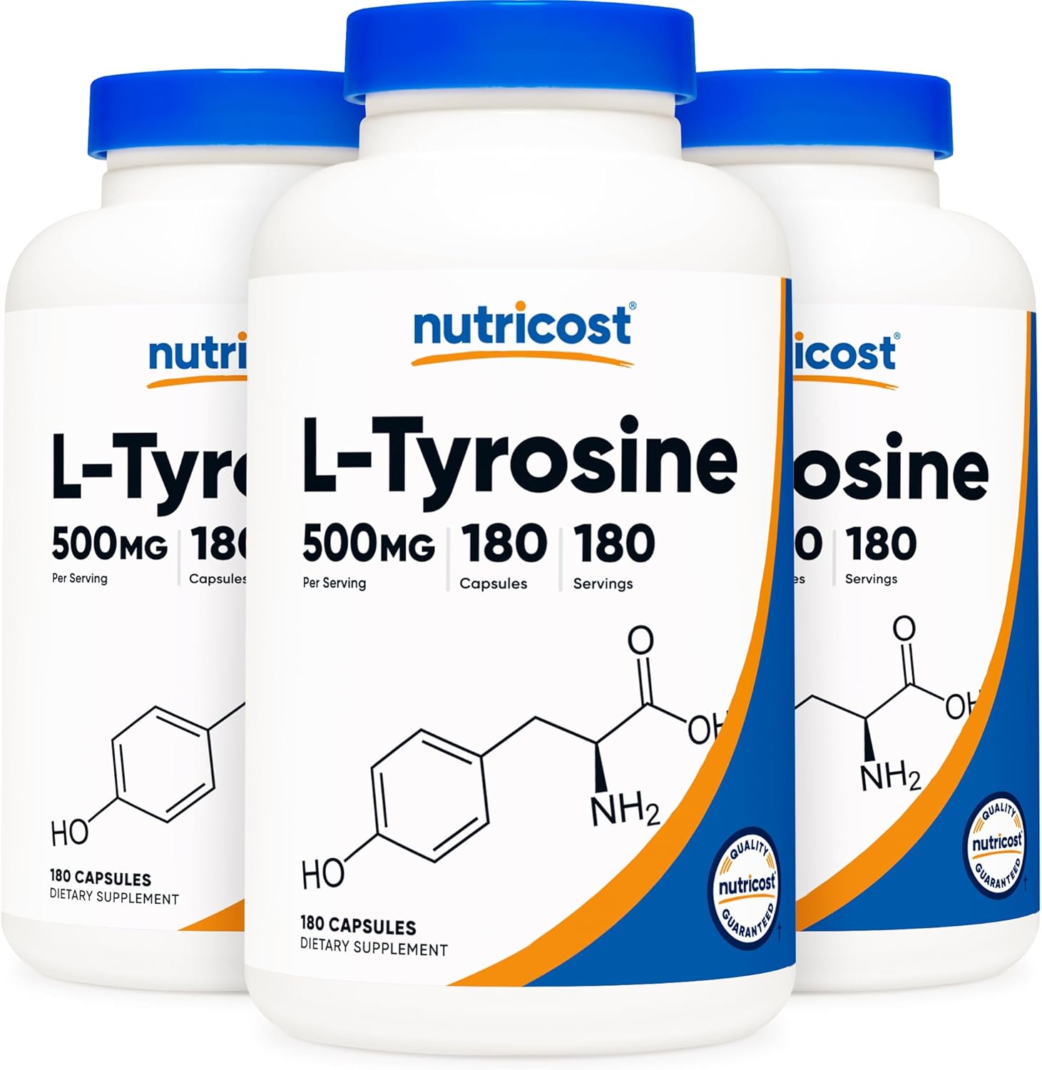 3 Bottles of Nutricost L-Tyrosine 500mg, 180 Capsules - High-Quality Amino Acid Supplement