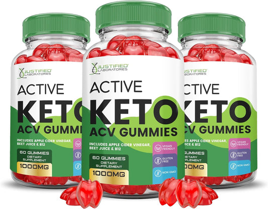 3-Pack Active Keto ACV Gummies, 1000MG Advanced Formula with Pomegranate Beet Juice Powder, B12 - Vegan & Non-GMO - 180 Gummies