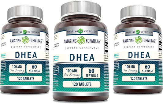 3 Pack Amazing Nutrition Amazing Formulas DHEA 100mg Per Serving 120 Tablets Supplement - Non-GMO & Gluten Free - Made in USA