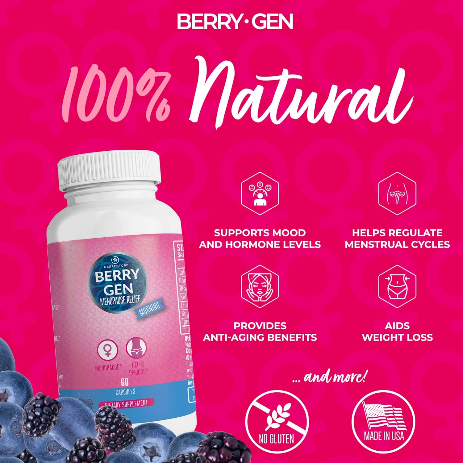 3 Pack Berry Gen Restore Menopause Morning Herbal Supplement - 180 Capsules - Natural Formula with Calcium, Licorice, Black Cohosh - Energy Support and Discomfort Relief - USA Made