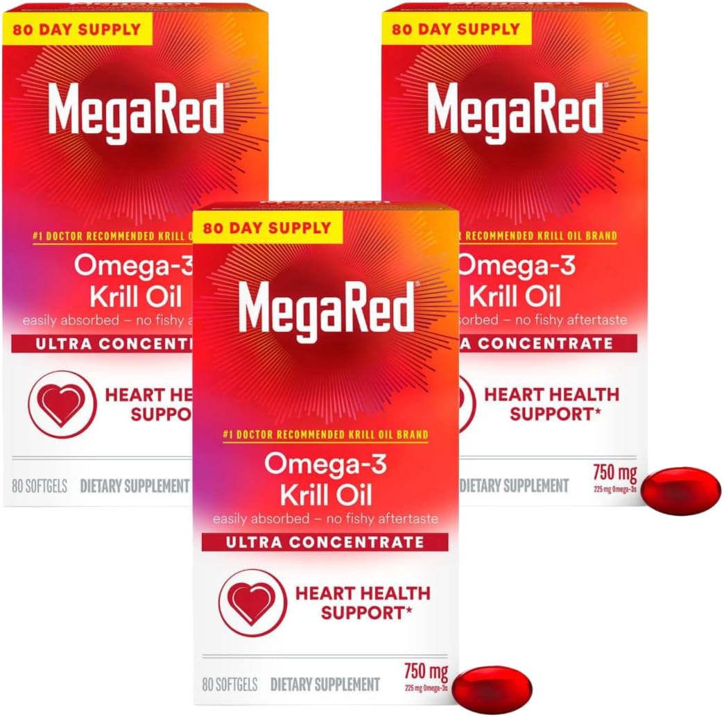 3-Pack MegaRed Ultra Concentrate 750mg Krill Oil Supplement, High EPA/DHA, Astaxanthin Antioxidant, Heart Health Support, No Fishy Aftertaste, 80 Softgels