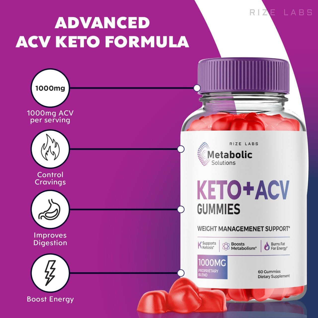 3 Pack Metabolic Solutions Keto+ACV Gummies for Advanced  Slimming Formula  - 180 Gummies, Advanced Formula Supplement with Reviews by Rize Labs