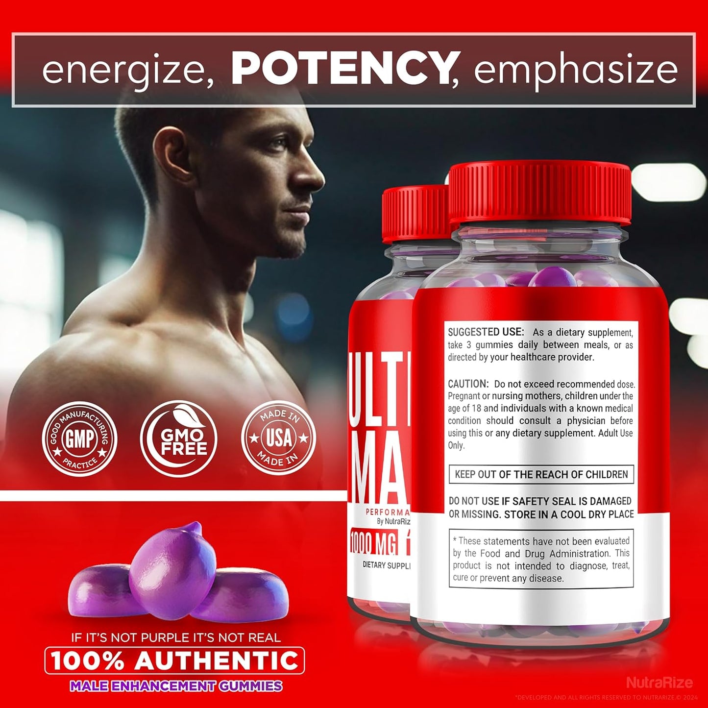 3 Pack NutraRize Ultra Male Gummies - 1000 MG Vitamin Gummies for Daily Performance & Health Boost - Official Reviews (180 Gummies)