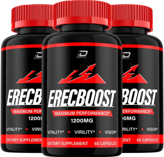 3 Pack of Indelo Erecboost Men's Capsules - Official Vitamin Complex Pills for Natural Erectile Support Formula with Dietary Supplement