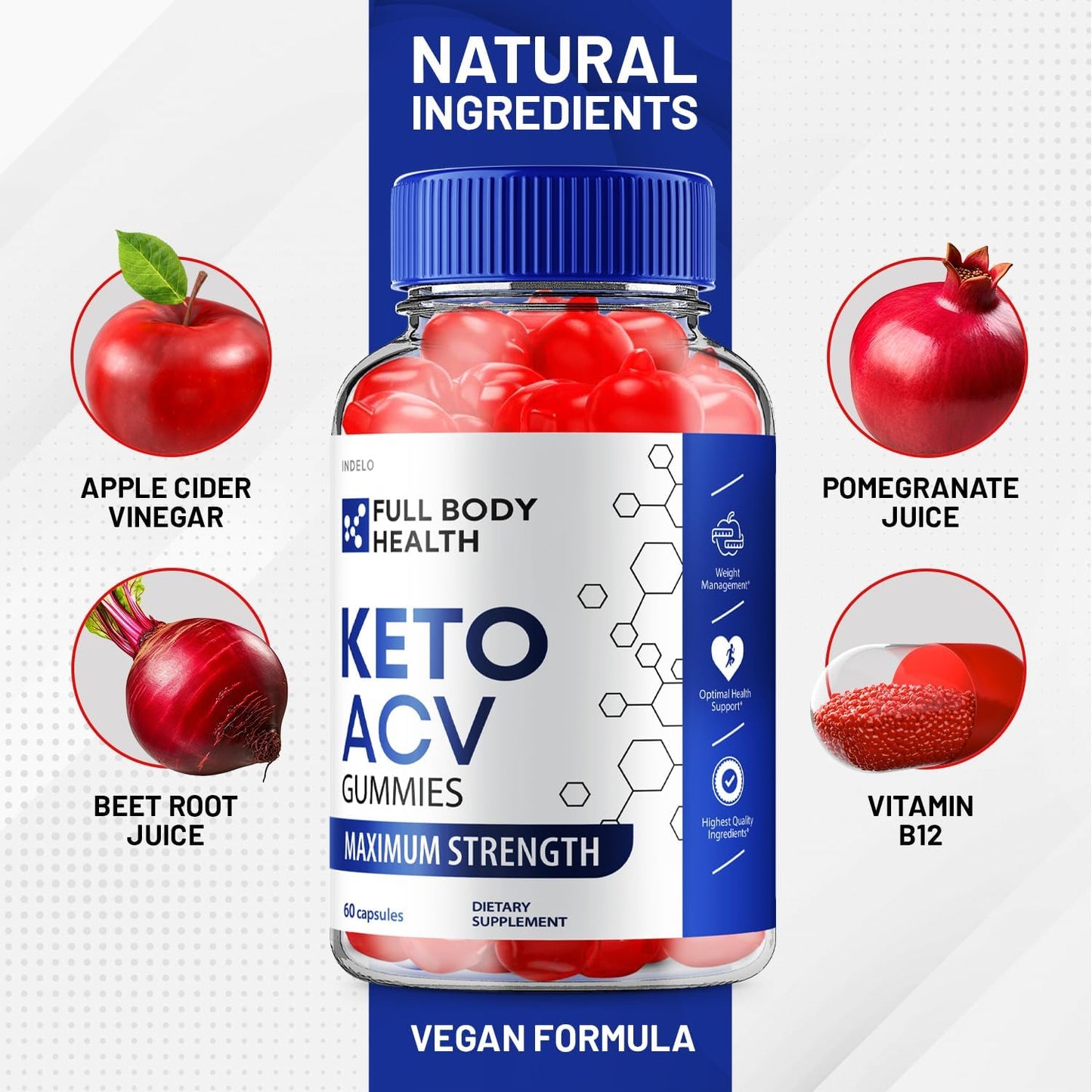 3 Pack of Indelo Full Body Health Keto ACV Gummies with Vitamin B12 - Advanced Weight Management and Apple Cider Vinegar Support
