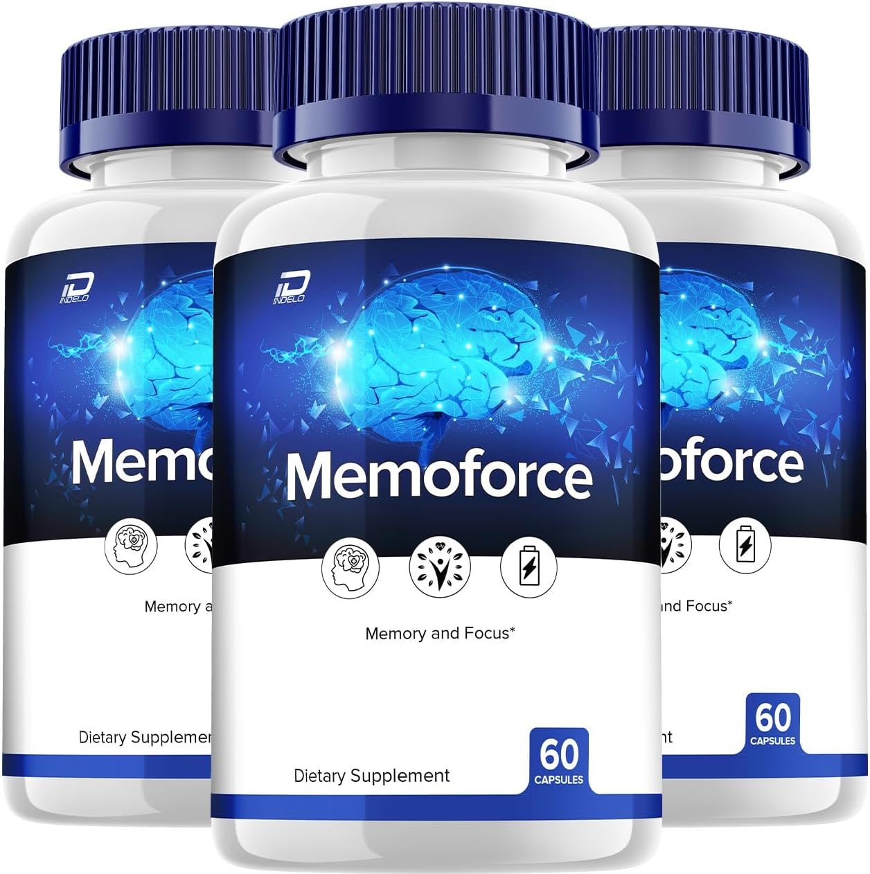 3 Pack of Indelo MemoForce Brain Supplement Capsules - All-Natural Maximum Strength Formula for Enhanced Memory and Focus - MemoForce Support and Reviews - 180 Capsules