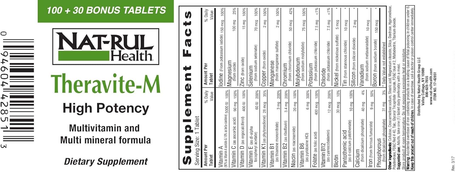 3 Pack of NAT-rul Theravite M 130 Tablets - Natural Multivitamin Supplement