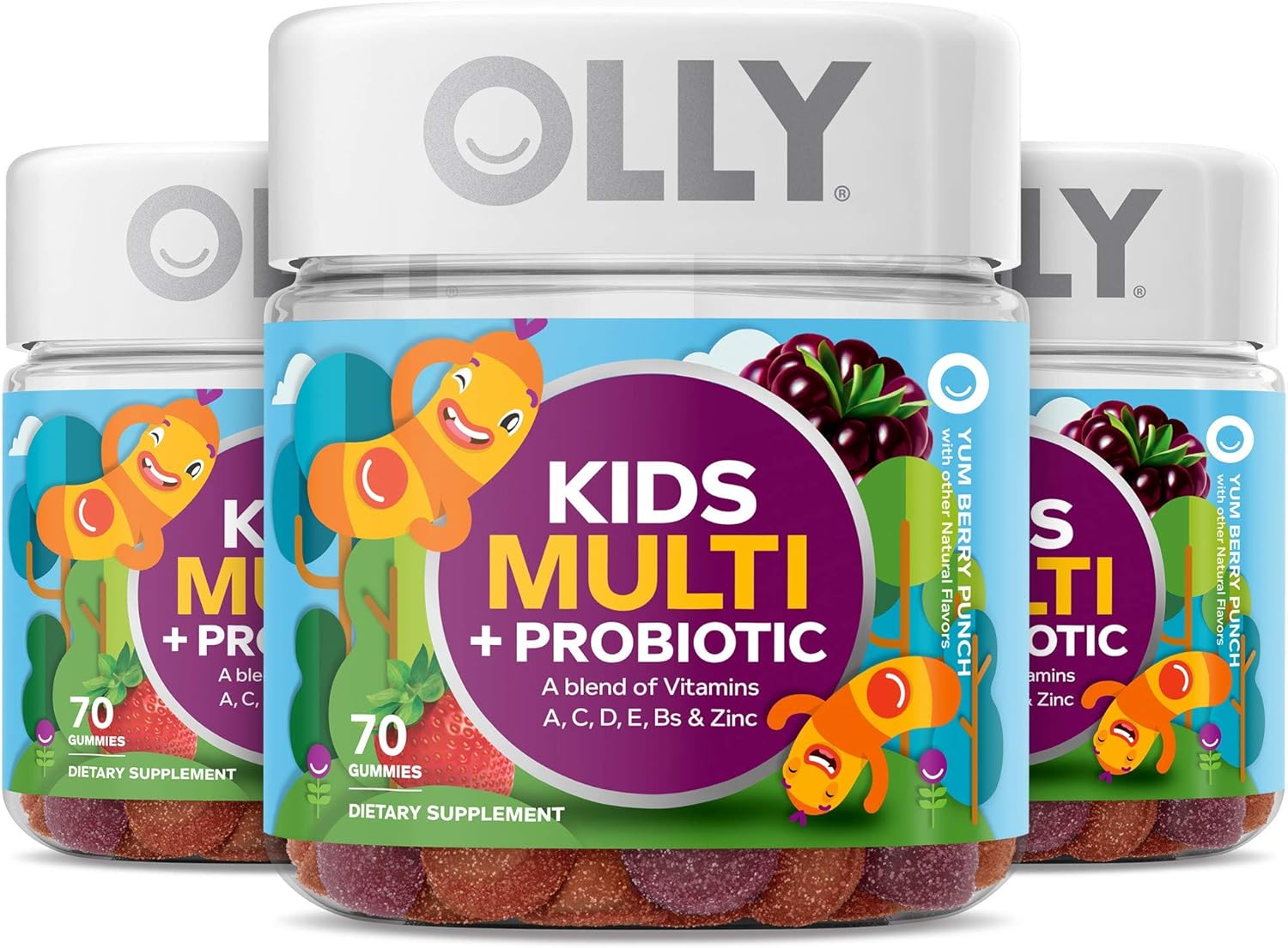 3 Pack of OLLY Kids Multivitamin + Probiotic Gummy Supplements, 70 Berry Flavored Chewables - Vitamins A, C, D, E, B, Zinc, Probiotics included