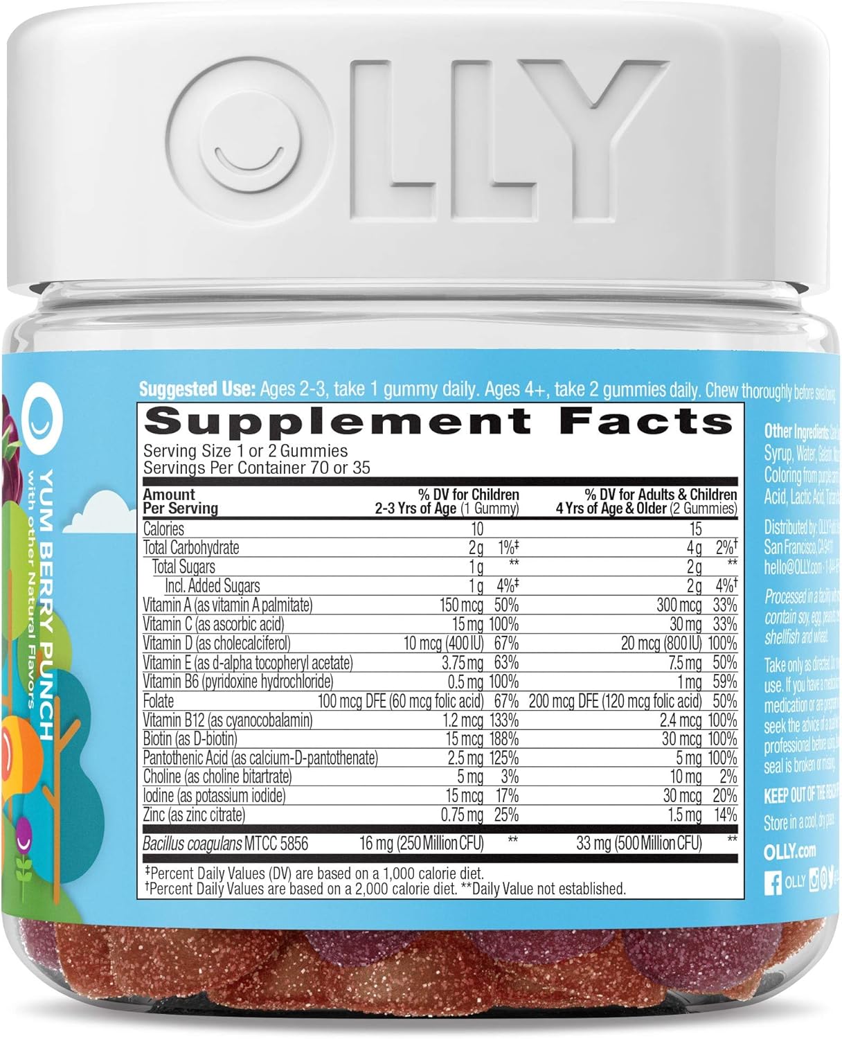 3 Pack of OLLY Kids Multivitamin + Probiotic Gummy Supplements, 70 Berry Flavored Chewables - Vitamins A, C, D, E, B, Zinc, Probiotics included