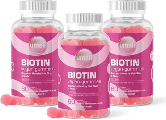 3 Pack of Umsii Biotin Vegan Gummies - 10,000 mcg Per Serving - Made in the USA - 180 Gummies Total