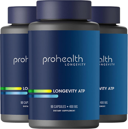 3 Pack ProHealth Longevity ATP - 400mg X 90 Servings, PeakATP Patented Pure ATP for Cellular Energy, Muscle Strength, Cognitive Function, Heart Health & Metabolic Efficiency