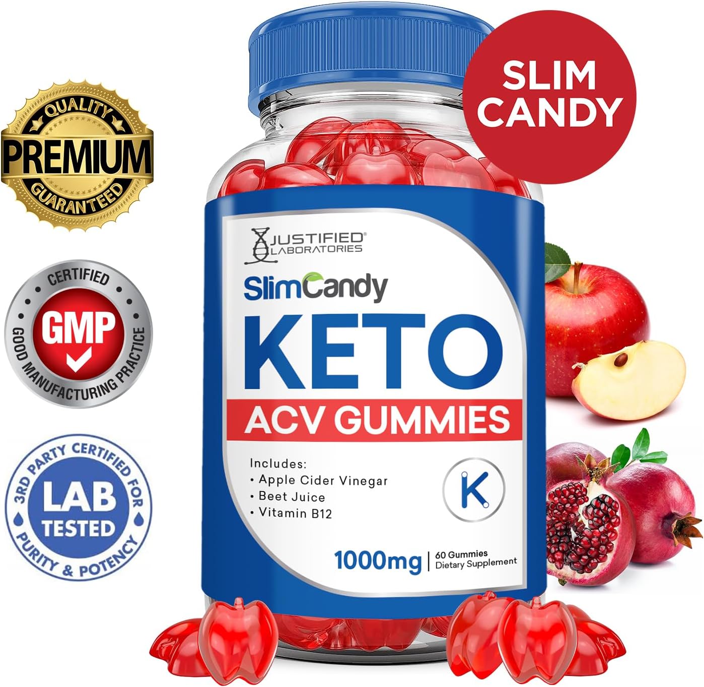 3 Pack SlimCandy Keto ACV Gummies 1000MG - Apple Cider Vinegar with Pomegranate & Beet Juice - Vegan Non GMO - 180 Gummys