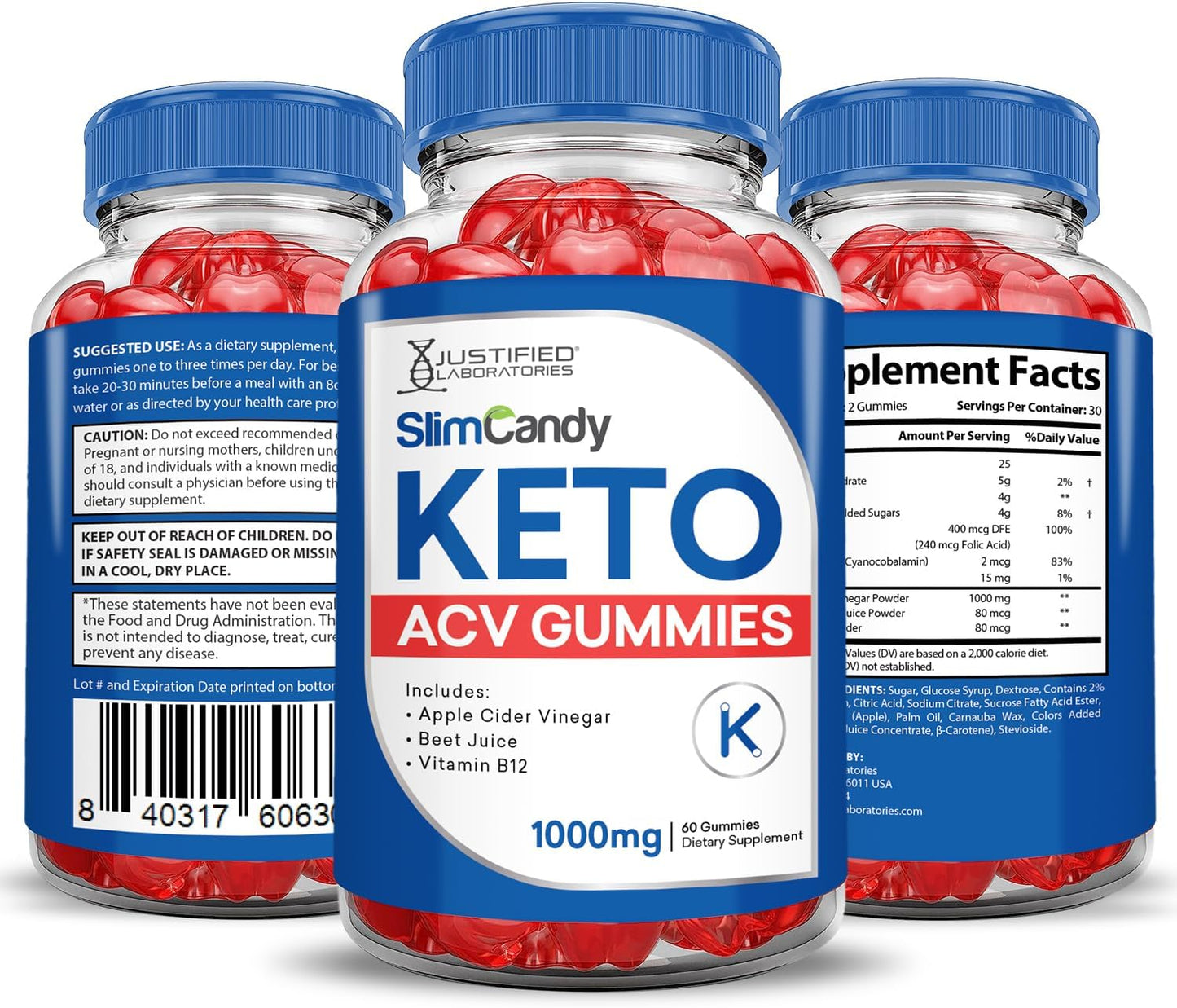 3 Pack SlimCandy Keto ACV Gummies 1000MG - Apple Cider Vinegar with Pomegranate & Beet Juice - Vegan Non GMO - 180 Gummys