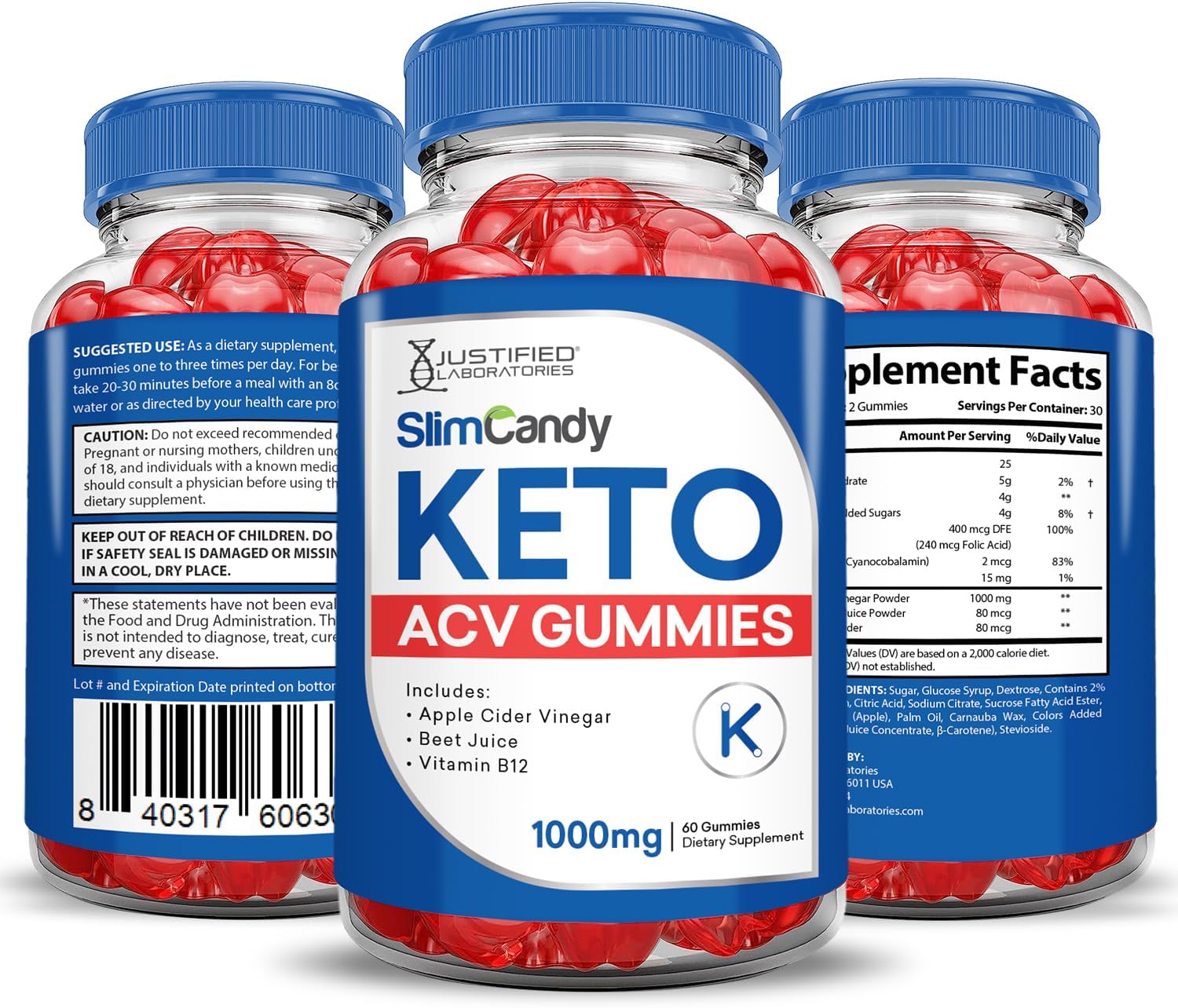 3 Pack SlimCandy Keto ACV Gummies 1000MG - Apple Cider Vinegar with Pomegranate & Beet Juice - Vegan Non GMO - 180 Gummys