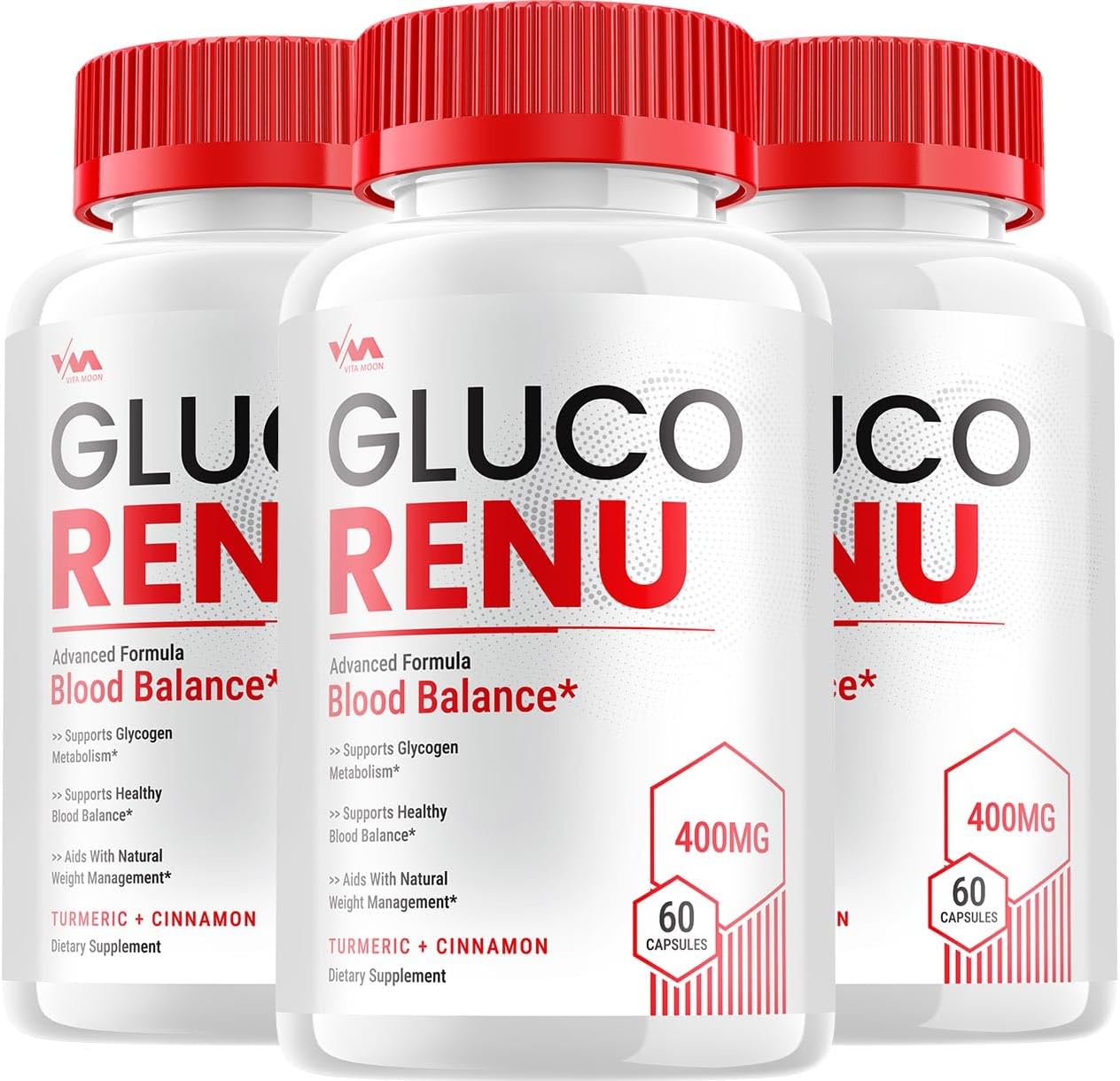 3 Pack Vitamoon GlucoRenu Supplement Capsules - Advanced Maximum Strength Formula with Positive Reviews, 180 Capsules
