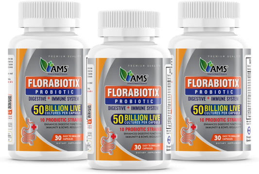 3 Packs of America Medic & Science Florabiotix Probiotic Capsules - 90 Count Each - 50 Billion Live Cultures - 10 Probiotic Strains - Men and Women's Dietary Supplement for Digestive and Immune Health