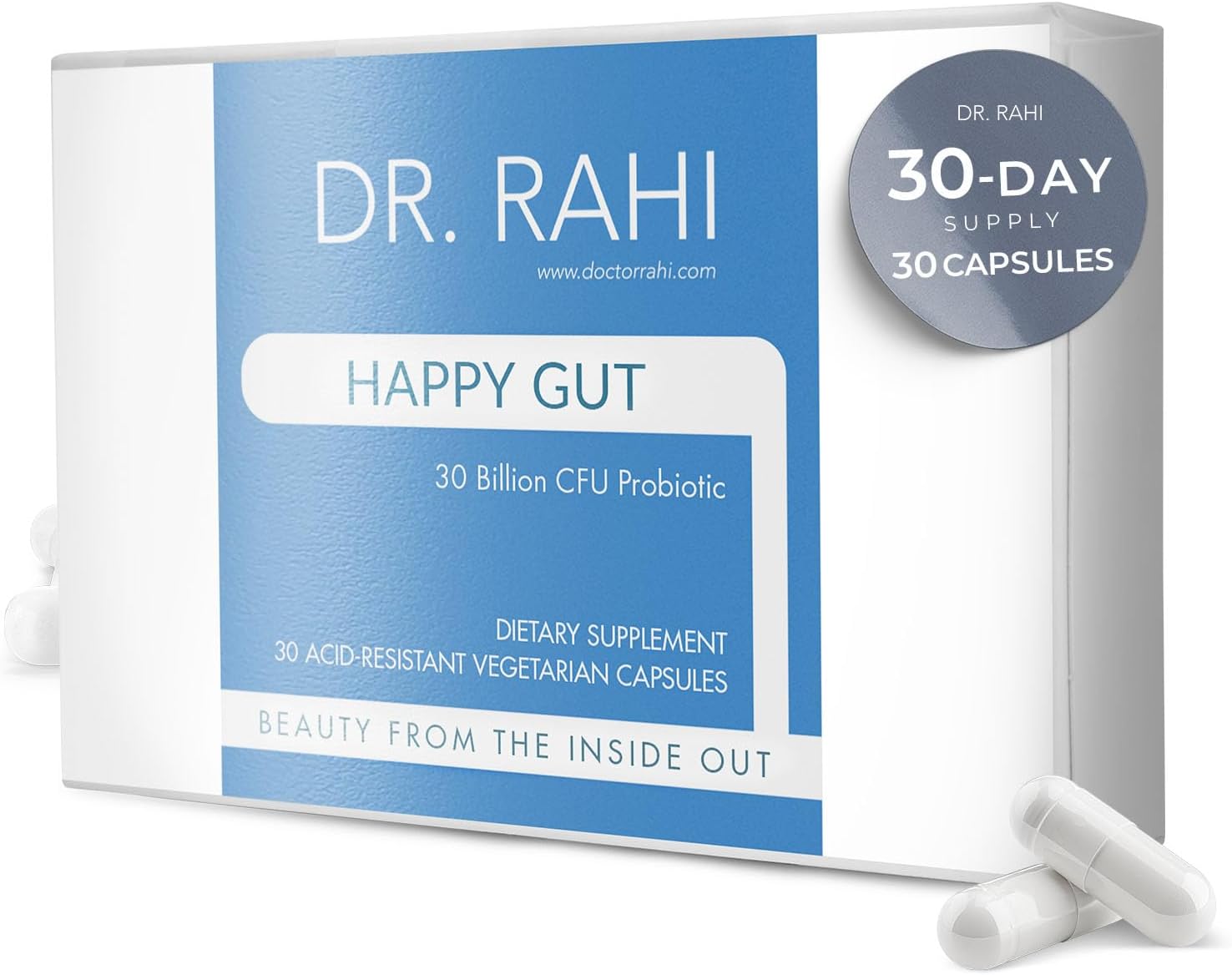 30 Billion CFU Probiotic Gut Support Supplement for Digestive Health - Dr. Rahi Probiotics Daily DF, 30 Acid Resistant Capsules, Gut Health for Men/Women, Promotes Gut Motility - Happy Gut