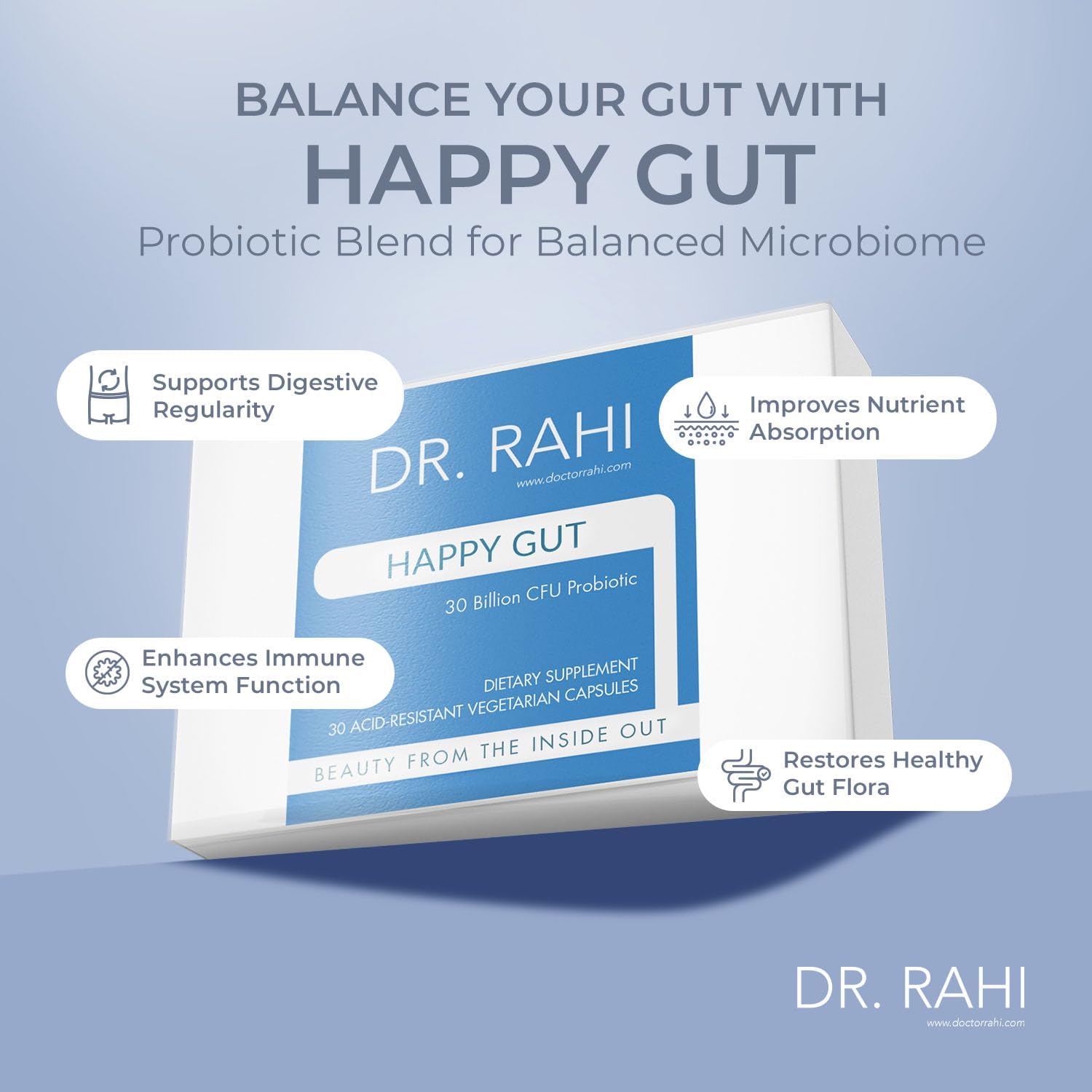 30 Billion CFU Probiotic Gut Support Supplement for Digestive Health - Dr. Rahi Probiotics Daily DF, 30 Acid Resistant Capsules, Gut Health for Men/Women, Promotes Gut Motility - Happy Gut