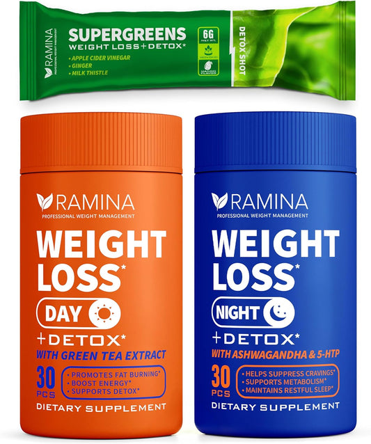 30 Day & Night  Slimming Formula   Healthy Weight Support  Detox Kit - Capsules & Supergreens Shots for Metabolism Support & Appetite Suppressant