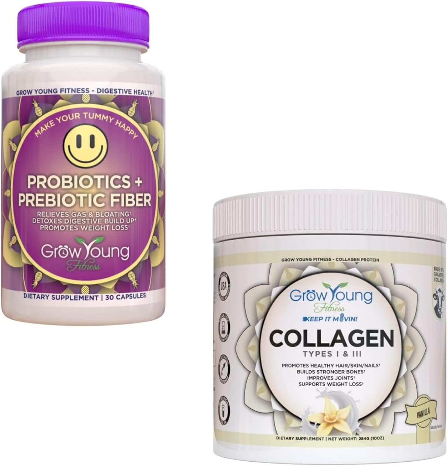30-Day Supply: Grow Young Fitness Probiotic and Vanilla Collagen Bundle for Digestive Health, Skin, and Bones