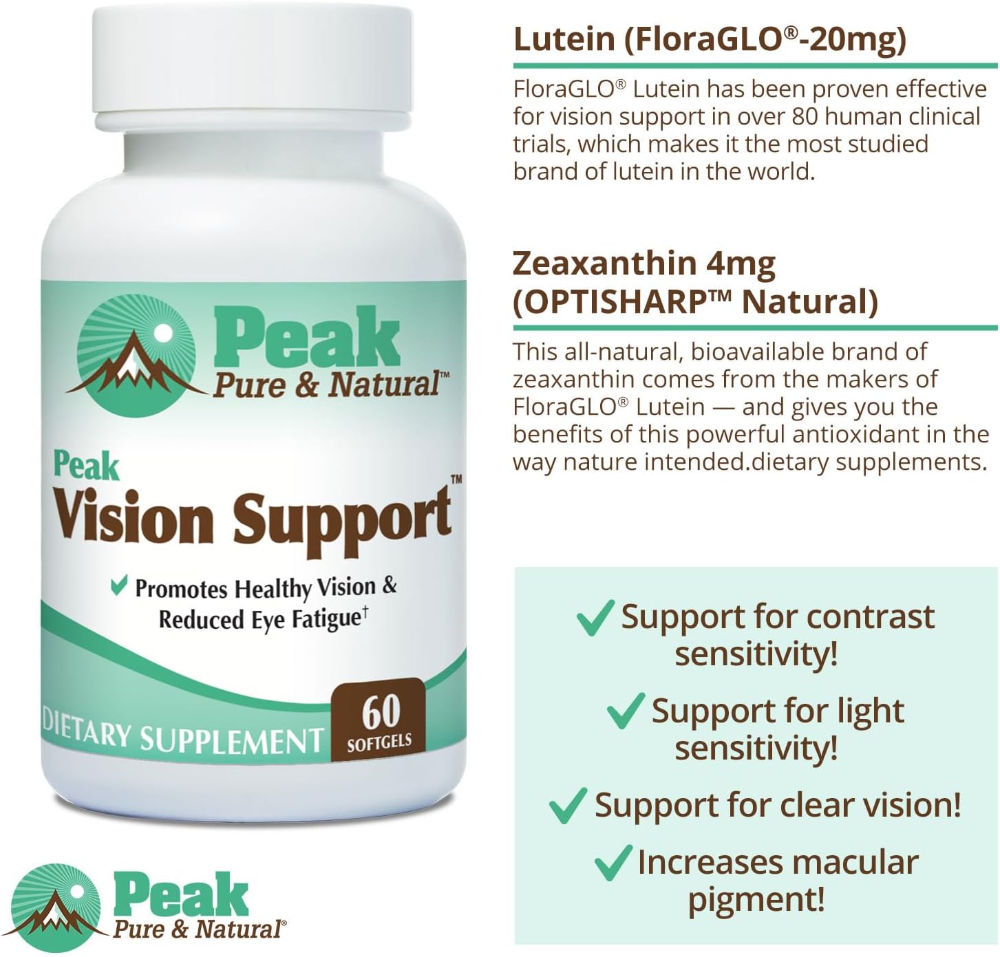 30 Servings of Peak Vision Support Eye Health Supplement with Lutein and Zeaxanthin - Natural Solution for Eye Fatigue, Blue Light Protection, and Clear Vision - Promotes Optimal Eye Health and Function
