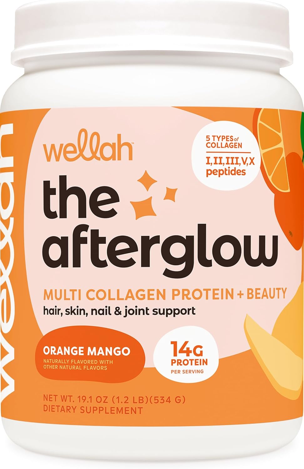 30 Servings Wellah Afterglow Multi Collagen Protein + Beauty Orange Mango - Hair, Skin, Nail & Joint Support - Non-GMO, Gluten Free