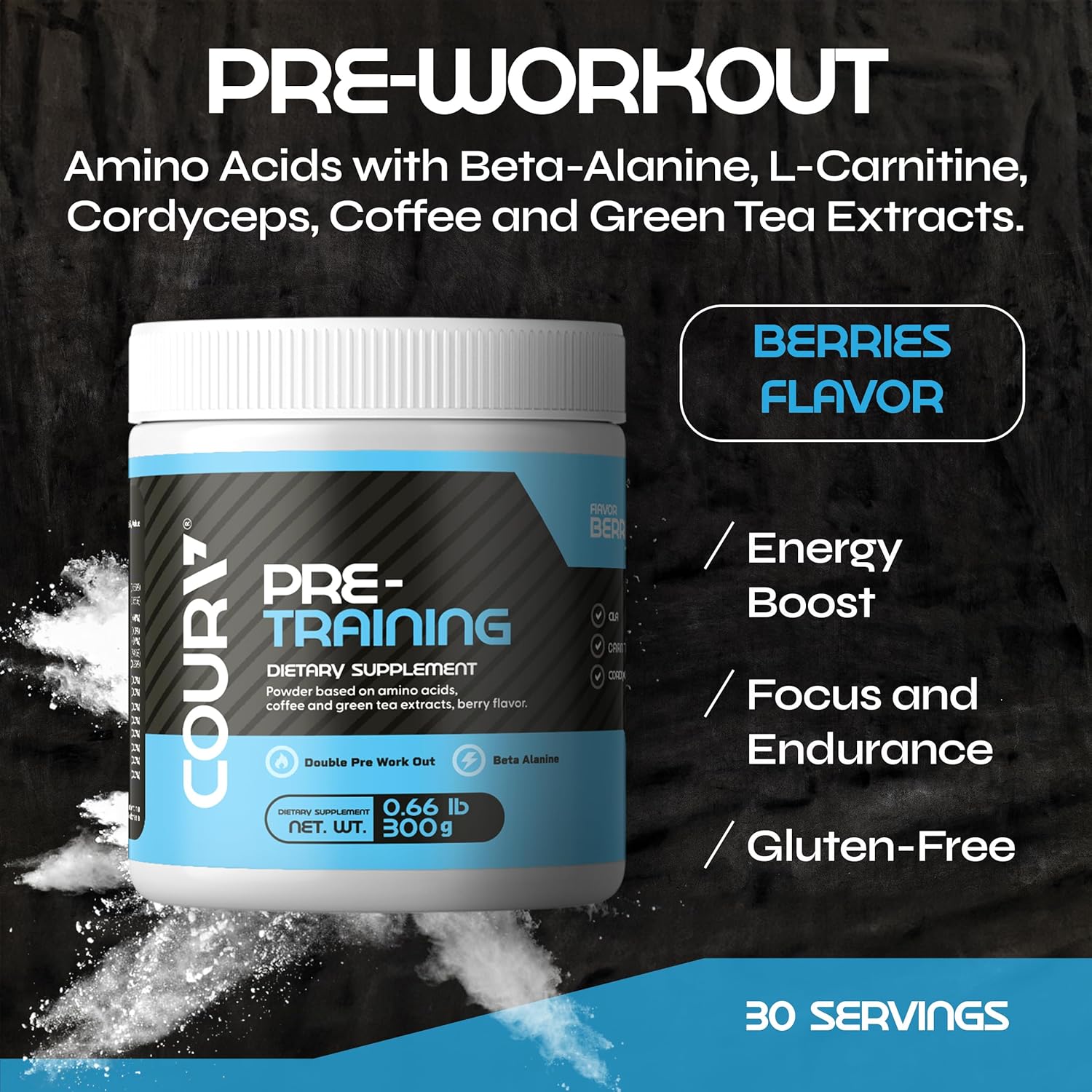 300g COURA Berries Flavor Pre Workout Protein Powder - Energy Boost for Athletes with Cordyceps - Gluten-Free Formula for Focus and Endurance