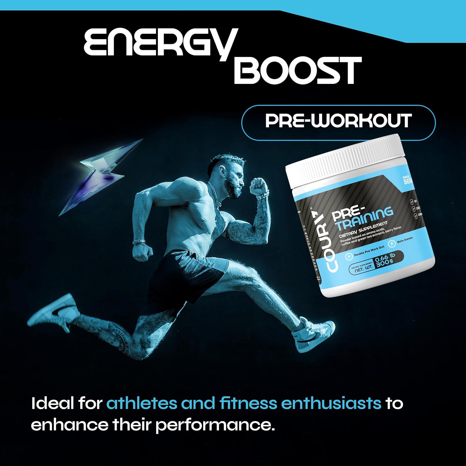 300g COURA Berries Flavor Pre Workout Protein Powder - Energy Boost for Athletes with Cordyceps - Gluten-Free Formula for Focus and Endurance