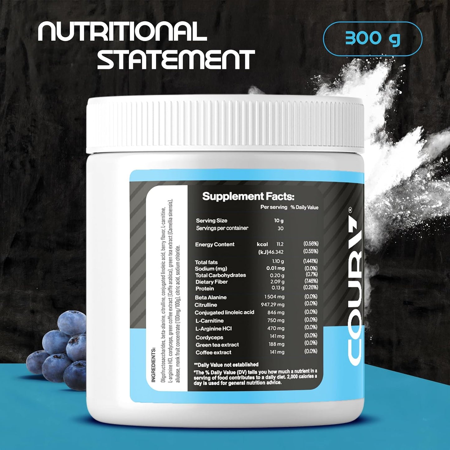 300g COURA Berries Flavor Pre Workout Protein Powder - Energy Boost for Athletes with Cordyceps - Gluten-Free Formula for Focus and Endurance