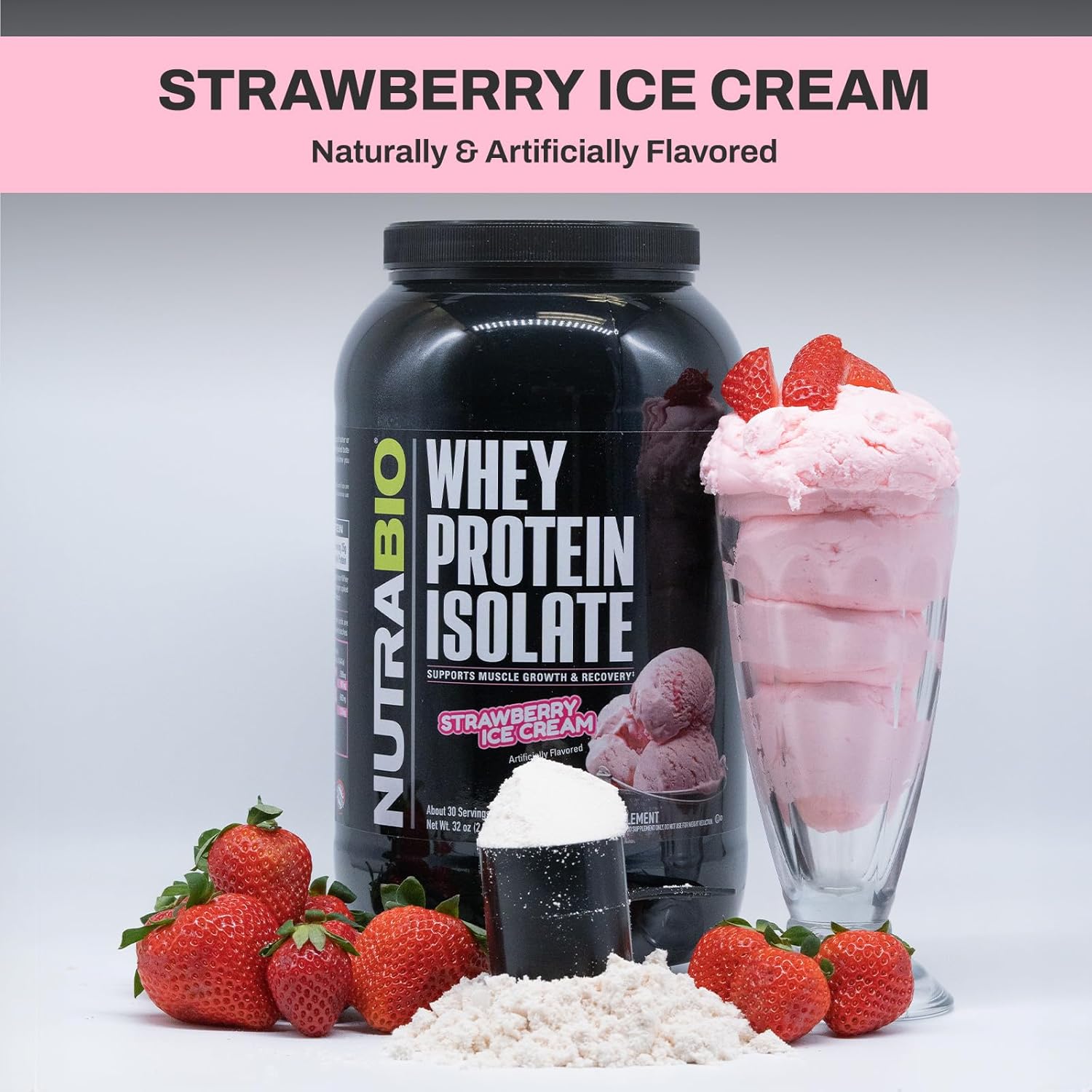 300g NutraBio Creatine Monohydrate & Strawberry Ice Cream Whey Protein Isolate Bundle - Muscle Energy, Lean Muscle Growth, Recovery, Strength