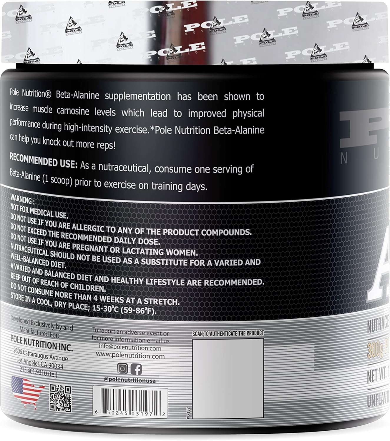 300g Pole Nutrition Beta-Alanine Powder - Unflavored, 75 Servings
