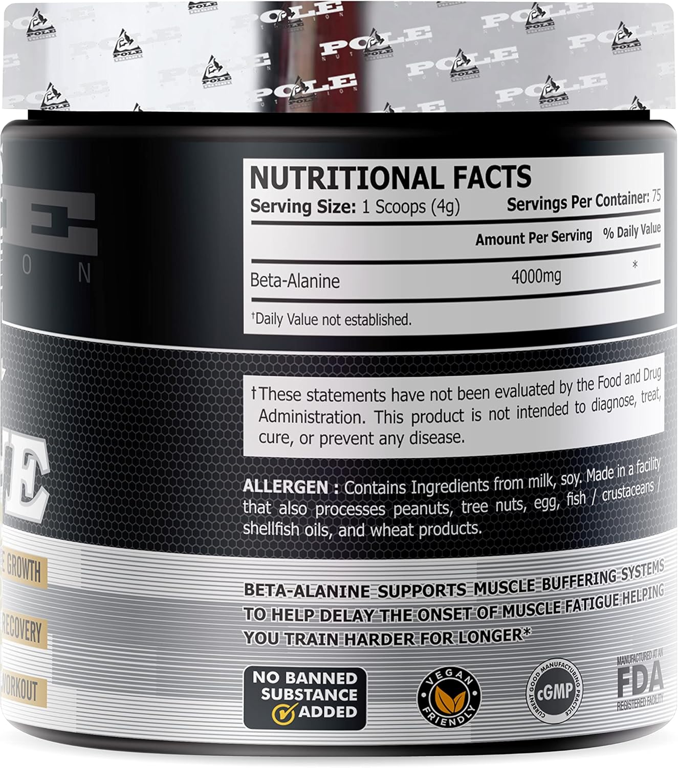 300g Pole Nutrition Beta-Alanine Powder - Unflavored, 75 Servings