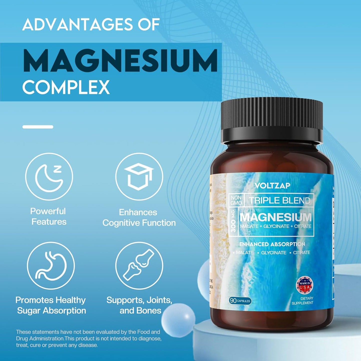 300mg Magnesium Capsules - Triple Complex Magnesium Supplement for Energy & Nerves - 90 Count Magnesium Glycinate, Citrate, & Malate Formula by VOLTZAP