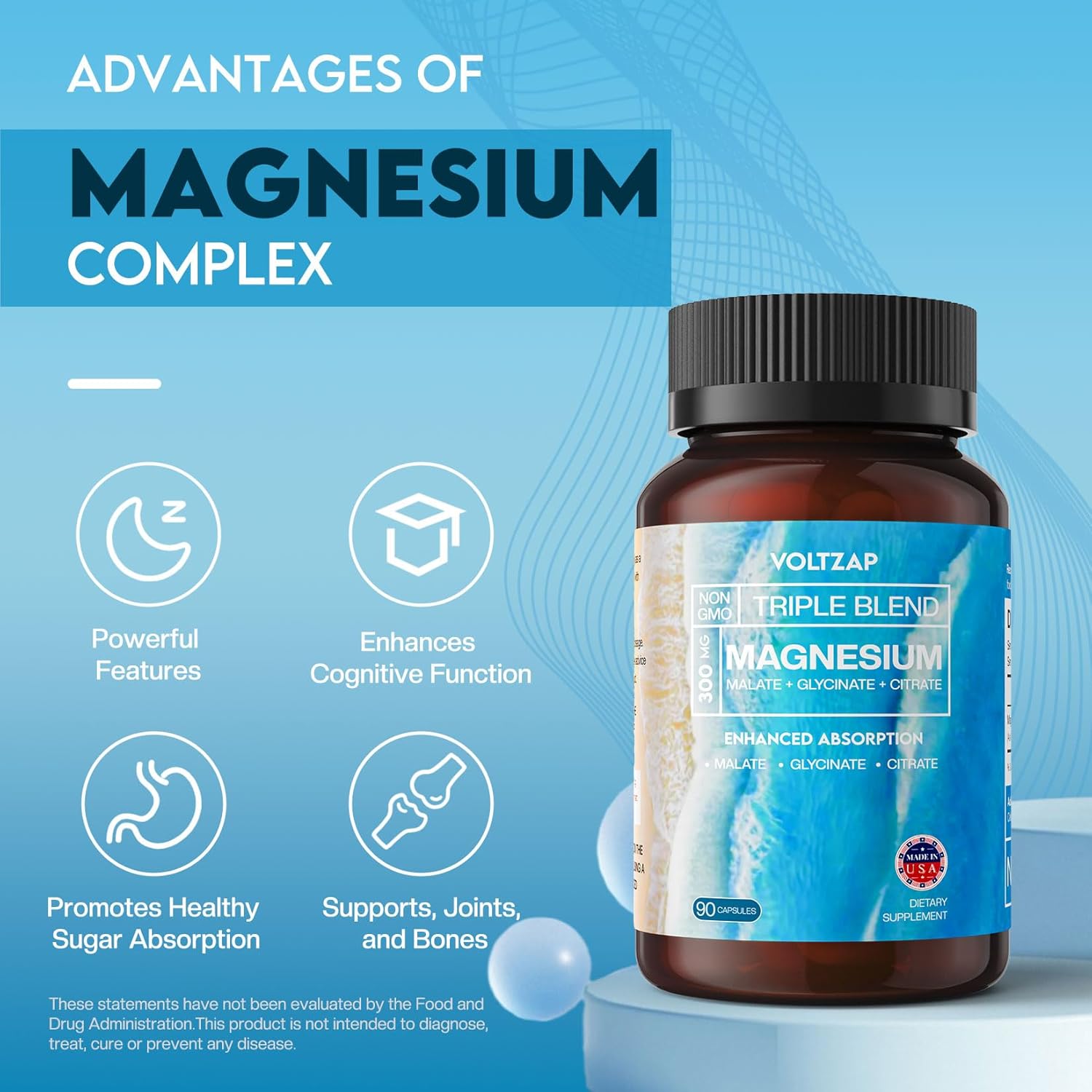 300mg Magnesium Capsules - Triple Complex Magnesium Supplement for Energy & Nerves - 90 Count Magnesium Glycinate, Citrate, & Malate Formula by VOLTZAP