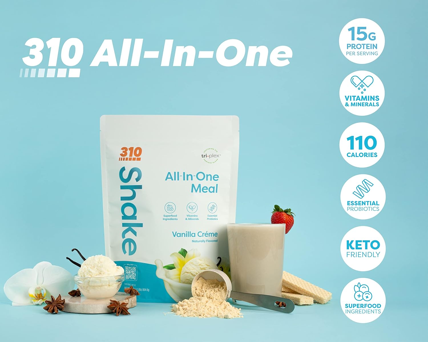310 Nutrition All-In-One Meal Replacement Shake with Fiber Rich Vegan Superfood Blend, Natural Sweeteners, Low Carb, Keto & Paleo Friendly, Gluten Free - Triple Flavor Pack