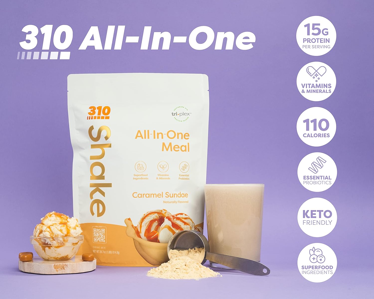 310 Nutrition All-In-One Meal Replacement Shake with Fiber Rich Vegan Superfood Blend, Natural Sweeteners, Low Carb, Keto & Paleo Friendly, Gluten Free - Triple Flavor Pack