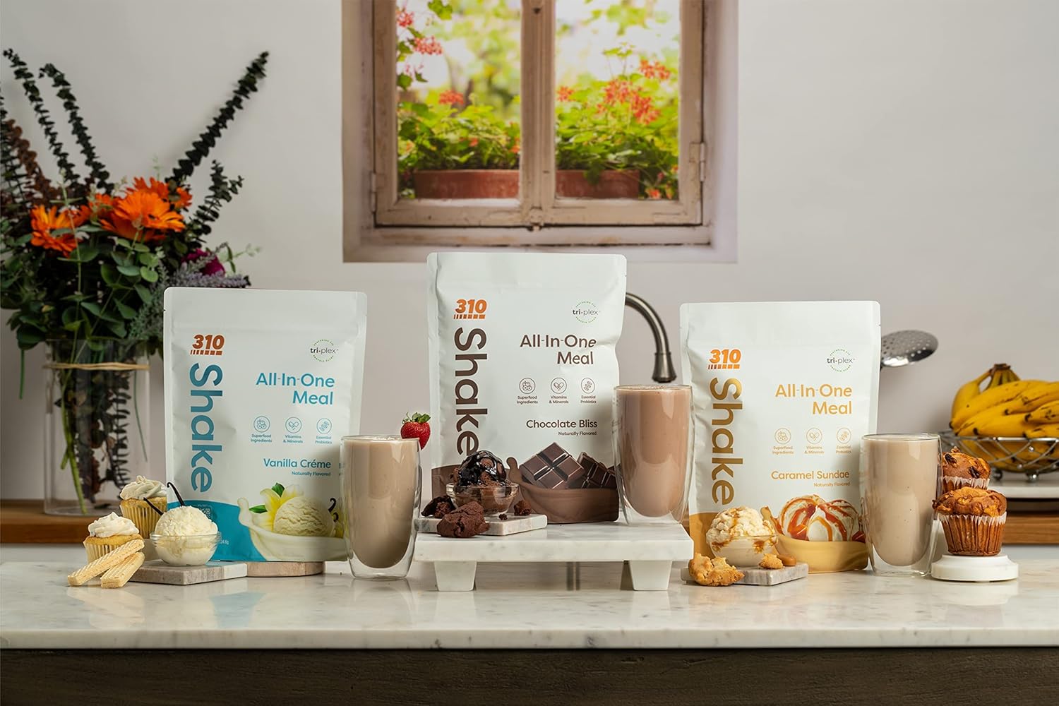 310 Nutrition All-In-One Meal Replacement Shake with Fiber Rich Vegan Superfood Blend, Natural Sweeteners, Low Carb, Keto & Paleo Friendly, Gluten Free - Triple Flavor Pack