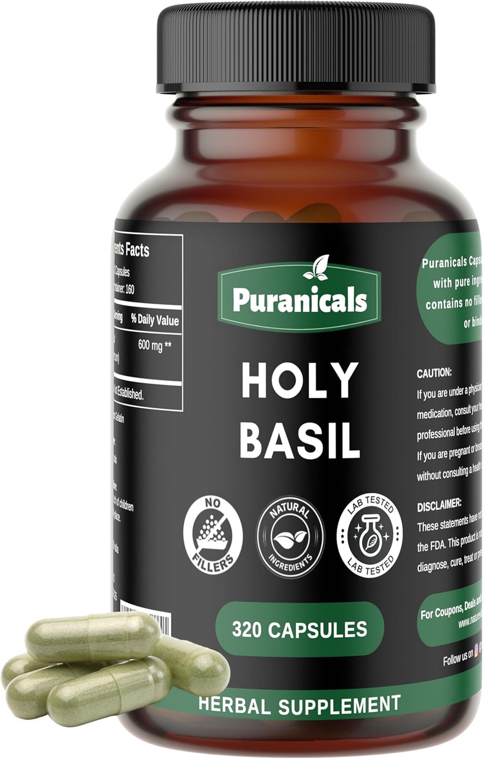 320 Capsules Puranicals Holy Basil Premium Supplement | Non GMO & Gluten Free | 600 mg Per Serving | Pure Herb Leaf