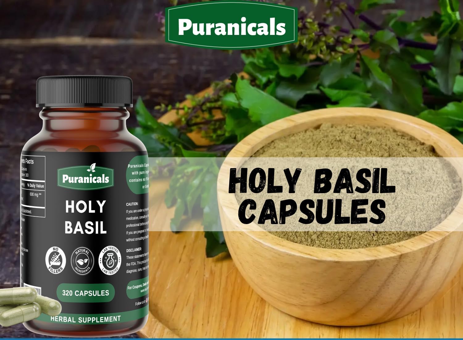 320 Capsules Puranicals Holy Basil Premium Supplement | Non GMO & Gluten Free | 600 mg Per Serving | Pure Herb Leaf