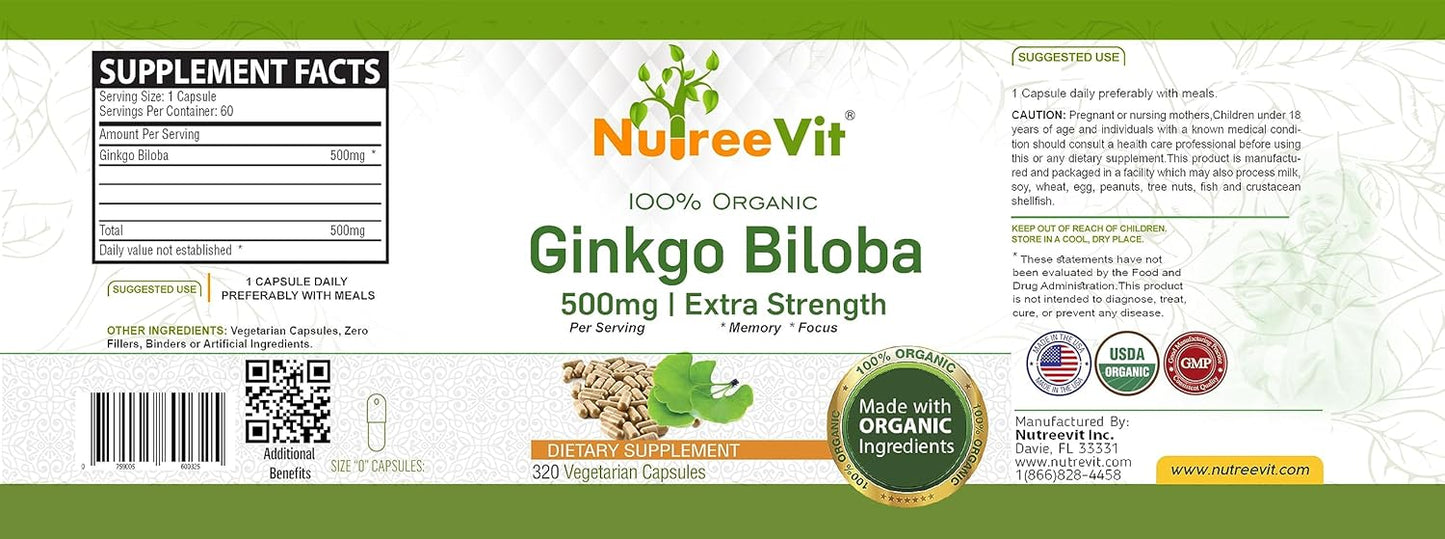 320 Count NutreeVit Ginkgo Biloba Capsules for Memory and Cognitive Support