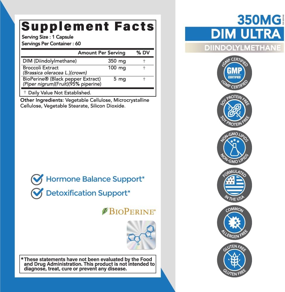 350mg DIM Ultra Supplement with Broccoli Extract & BioPerine - 60 Capsules by Omvi Formulas
